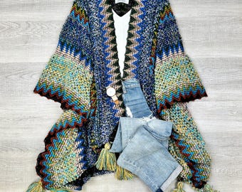 Bohemian Knit Tasseled Cardigan: Moroccan Crochet Shawl