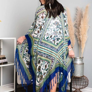 Bohemian Tassel kimono Blue Plus size friendly Lightweight comfy stylish cover