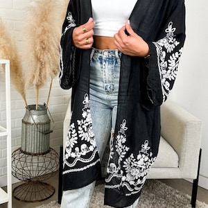 Long Sleeve Embroidered Floral Vine Lace Cardigan kimono