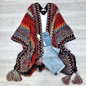 Suéter tipo cárdigan de punto marroquí con borlas y chal de ganchillo de Dalila Boho, regalo para ella, ropa de mujer, kimono de talla grande