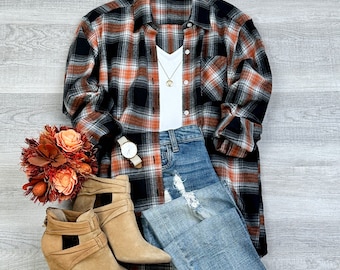Oversized Long Sleeve Button up Plaid Fall Flannel Western Southwestern Women's S/M-L//XL