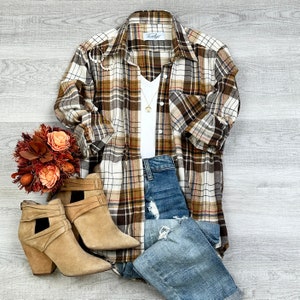 Oversized Plaid Flannel Shacket: Brown Button-Up Shirt Jacket