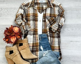 Oversized Plaid Flannel Shacket: Brown Button-Up Shirt Jacket