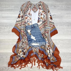Bohemian Tassel kimono Rust Oversized Lightweight comfy stylish