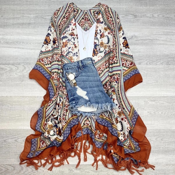 Bohemian Tassel kimono Rust Plus size friendly Lightweight comfy stylish cover