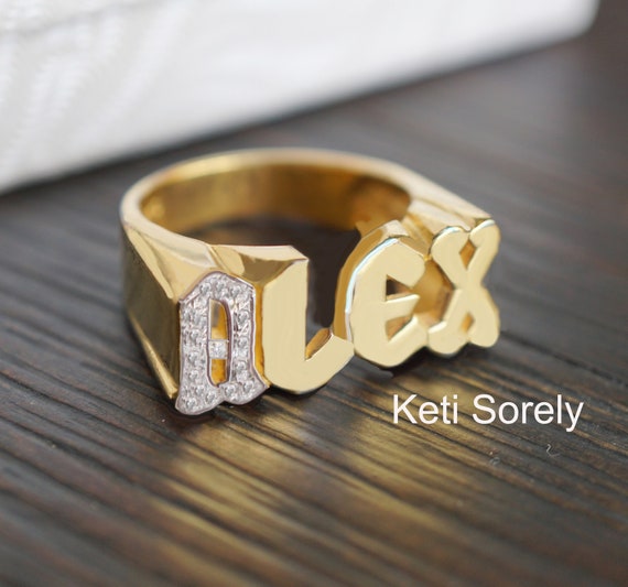 Bling Name Ring With CZ Stones in Middle Letter in Sterling Silver or  Yellow Gold. Personalized Signet Ring for Man or Woman. - Etsy