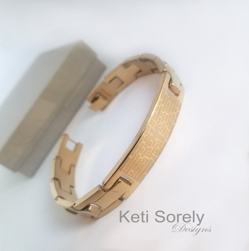 Engravable Bracelet For Man Dates or Initials Inside. Names Our Father Prayer Bracelet in Gold Finish Engrave Personalized Message