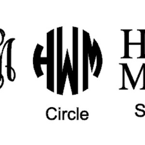 Puede incluir: Dise&ntilde;os de monogramas en blanco y negro en tres estilos: Vine, Circle y Stacked. El estilo Vine presenta letras entrelazadas, el estilo Circle tiene letras dentro de un c&iacute;rculo y el estilo Stacked muestra letras verticales.