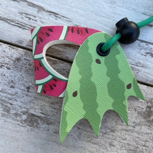May include: A watermelon-themed pet tag with a green cord and black bead. The tag features a watermelon slice design with red, white, and black details, and a green watermelon slice with black seeds.