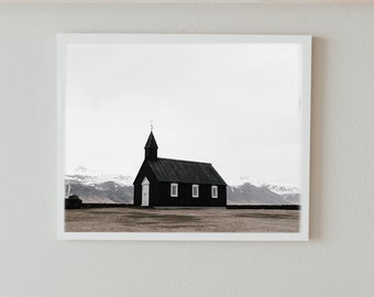 Photographie d'Islande, photographie d'église, minimaliste moderne, photographie de voyage, Strandakirkja, Photo moderne, Art mural, rustique, église d'Islande