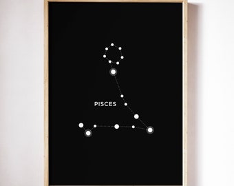 Art mural de la constellation des Poissons noir et blanc, impression du signe du zodiaque, affiche d’astrologie, décor moderne nordique scandinave, art imprimable numérique