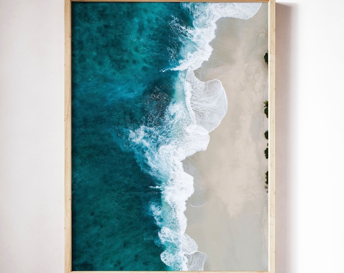 Large Ocean Art Print, Aerial Ocean Photography, Teal Blue Stormy Sea
