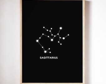 Sagittaire, impression de constellation, art mural d'astrologie, signe du zodiaque, imprimable, noir et blanc, décor d'étoile, affiche géométrique moderne minimaliste
