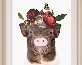 Nursery animal print, PRINTABLE art, Baby flower crown pig print, Nursery decor, Baby animals, Nursery wall art, Farm animal prints,Baby Art