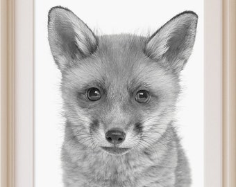 Fox Print, Woodland Nursery Decor, Printable Wall Art, Animal Print, Baby Room Art, Baby Animal Photo, Digital Download, Black and White