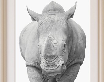 Rhino Wall Art Print, Safari Nursery Decor, African Animal, Large Printable Poster, Digital Download, Black and White, Modern Minimalist