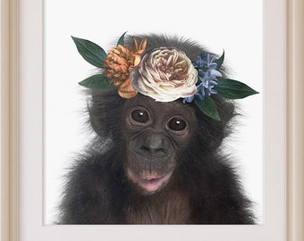 Chimpanzee flower crown print, Nursery animal print, PRINTABLE art, Monkey, Safari animals, Nursery decor, Baby animals, Jungle, Printable