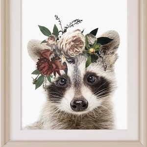 Decoración de guardería con animales del bosque, arte imprimible, impresión de corona de flores de mapache, arte de pared de mapache, arte de pared de guardería, decoración de guardería, decoración imprimible, DESCARGAR