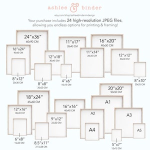 May include: A chart showing 24 different sizes of printable art prints, ranging from 4 inches by 6 inches to 24 inches by 36 inches. The chart includes both standard sizes and international paper sizes, such as A1, A2, A3, A4, and A5. The chart is designed to help customers choose the right size print for their needs.