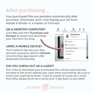 Puede incluir: Una captura de pantalla de Etsy que muestra c&oacute;mo descargar archivos de arte digital despu&eacute;s de la compra. La imagen incluye instrucciones para dispositivos de escritorio y m&oacute;viles, con un enfoque en la secci&oacute;n "Compras y rese&ntilde;as". Se muestra el logotipo "Ashlee & Binder".