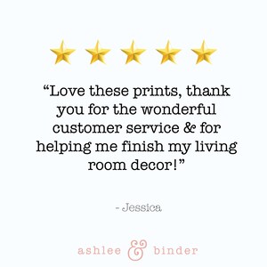 Puede incluir: Cinco estrellas doradas y una rese&ntilde;a de un cliente que dice: "Me encantan estas impresiones, gracias por el maravilloso servicio al cliente y por ayudarme a terminar la decoraci&oacute;n de mi sala de estar!" - Jessica