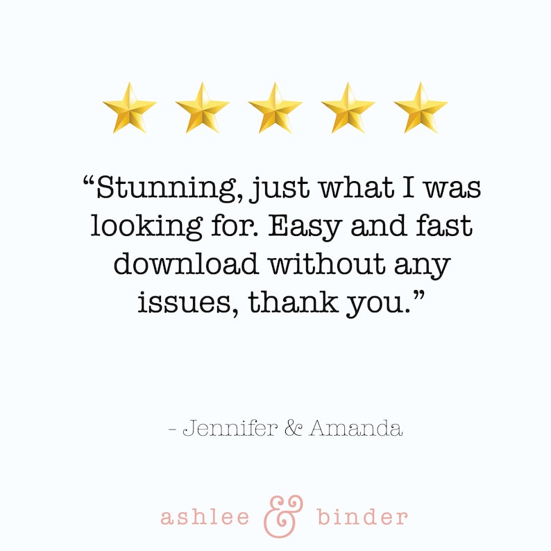 Pu&ograve; includere: Cinque stelle dorate e una recensione di un cliente che dice: "Splendido, proprio quello che stavo cercando. Download facile e veloce senza problemi, grazie." La recensione &egrave; attribuita a Jennifer & Amanda.