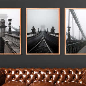 Chain Bridge Print Set, Budapest Photography, Black and White, Fine Art Photos, Budapest Bridge Photo, Wall Art, Modern Minimalist Photo
