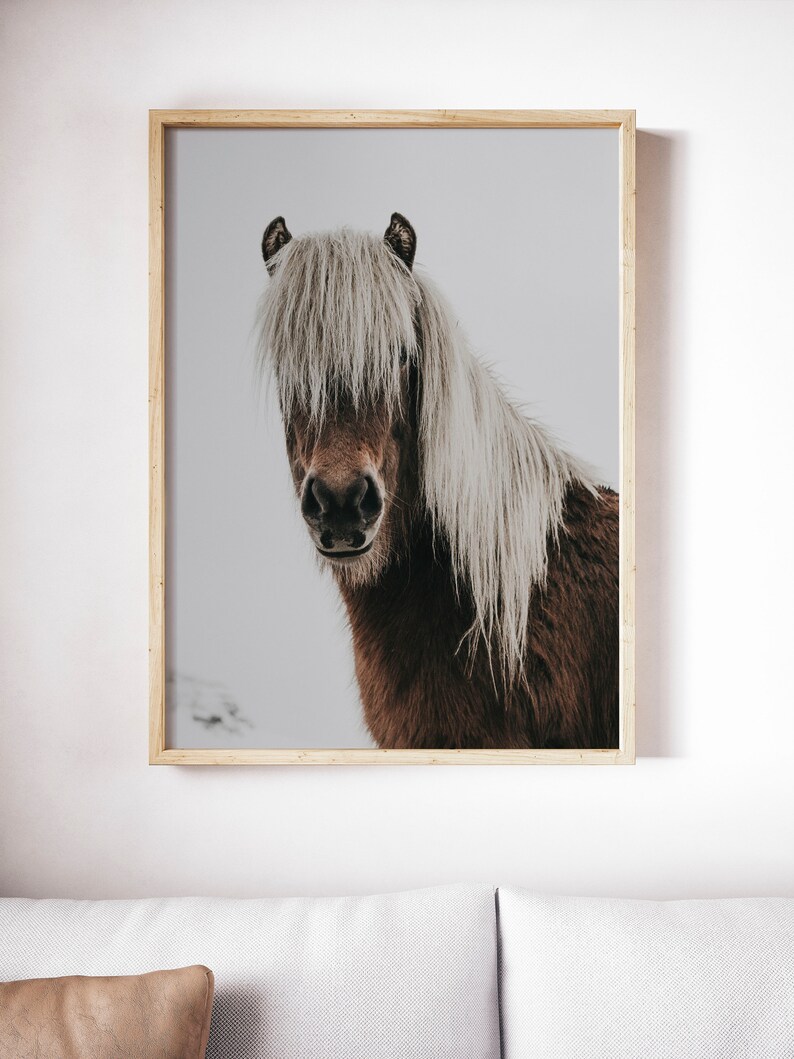 Puede incluir: Impresi&oacute;n enmarcada de un caballo marr&oacute;n con una larga melena blanca. La cabeza del caballo es el punto focal, con sus ojos visibles debajo de la melena que fluye. La impresi&oacute;n est&aacute; en un marco de madera de color claro, creando una est&eacute;tica r&uacute;stica.