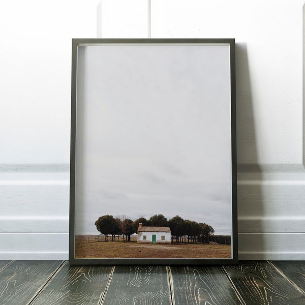 Minimalist Cottage Photo, Country Side Minimalist Wall Art, Modern Minimalist Wall Art, Muted Color Landscape Photo, Large Poster Printable