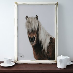 Puede incluir: Impresi&oacute;n enmarcada de un caballo marr&oacute;n con una larga melena blanca. El caballo est&aacute; centrado sobre un fondo neutro. El marco blanco tiene un aspecto envejecido. Una taza y una tetera blancas est&aacute;n sobre una superficie de madera oscura.