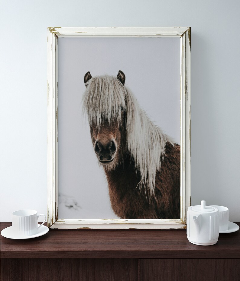 Puede incluir: Impresi&oacute;n enmarcada de un caballo marr&oacute;n con una larga melena blanca. El caballo est&aacute; centrado sobre un fondo neutro. El marco blanco tiene un aspecto envejecido. Una taza y una tetera blancas est&aacute;n sobre una superficie de madera oscura.