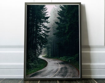 Afdrukbare mistige bosweg, mistige bos kunst aan de muur, wildernis poster, landschapsdecor bosfotografie downloadbare print afdrukbare kunst