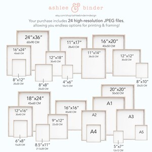 Puede incluir: Una colecci&oacute;n de impresiones art&iacute;sticas enmarcadas en varios tama&ntilde;os, incluyendo 60x90 cm (24"x36"), 40x50 cm (16"x20") y opciones m&aacute;s peque&ntilde;as. La imagen muestra una variedad de marcos rectangulares y cuadrados con interiores blancos, mostrando los tama&ntilde;os de impresi&oacute;n disponibles.
