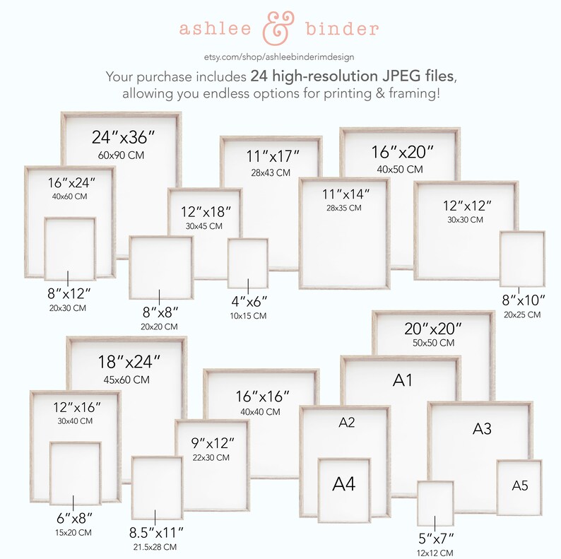 Puede incluir: Una colecci&oacute;n de impresiones art&iacute;sticas enmarcadas en varios tama&ntilde;os, incluyendo 60x90 cm (24"x36"), 40x50 cm (16"x20") y opciones m&aacute;s peque&ntilde;as. La imagen muestra una variedad de marcos rectangulares y cuadrados con interiores blancos, mostrando los tama&ntilde;os de impresi&oacute;n disponibles.