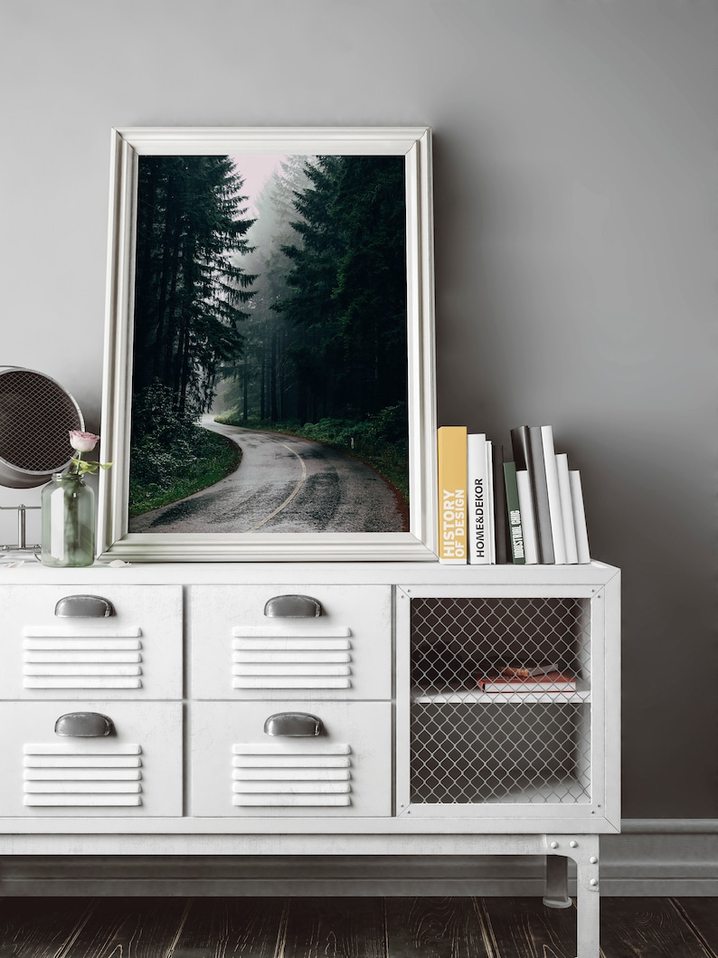 May include: A framed photograph of a winding road through a dense, misty forest. The road is wet, reflecting the overcast sky. The photograph is displayed on a white cabinet with four drawers and a wire mesh door, alongside books and a small mirror.