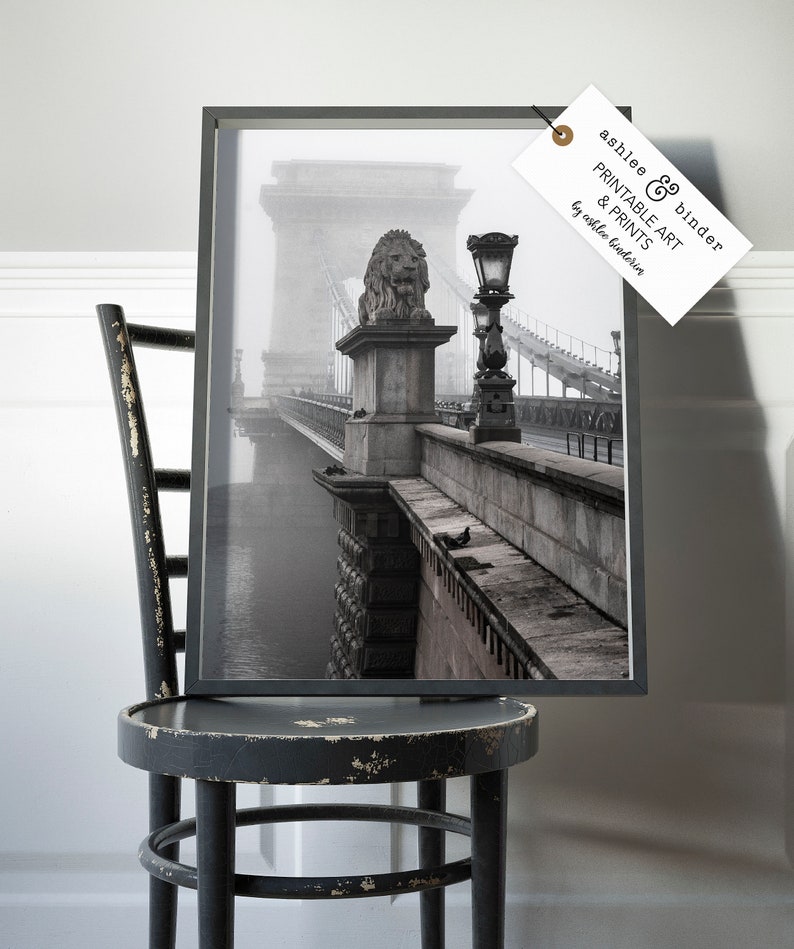May include: A black and white photograph of a bridge with a lion statue on top. The bridge is covered in fog and the water below is visible. The photo is framed in a black frame.