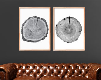 Modern minimalist art set, PRINTABLE art set, Wood slice set, two Black and White prints, Modern prints, Wall art prints, Two Nature prints