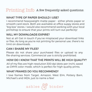 Puede incluir: Un fondo blanco con texto en rosa suave y negro. El texto incluye preguntas y respuestas sobre impresi&oacute;n, tipos de papel, uso compartido de archivos y recomendaciones de marcos. El logotipo de ashlee & binder est&aacute; en la parte inferior.