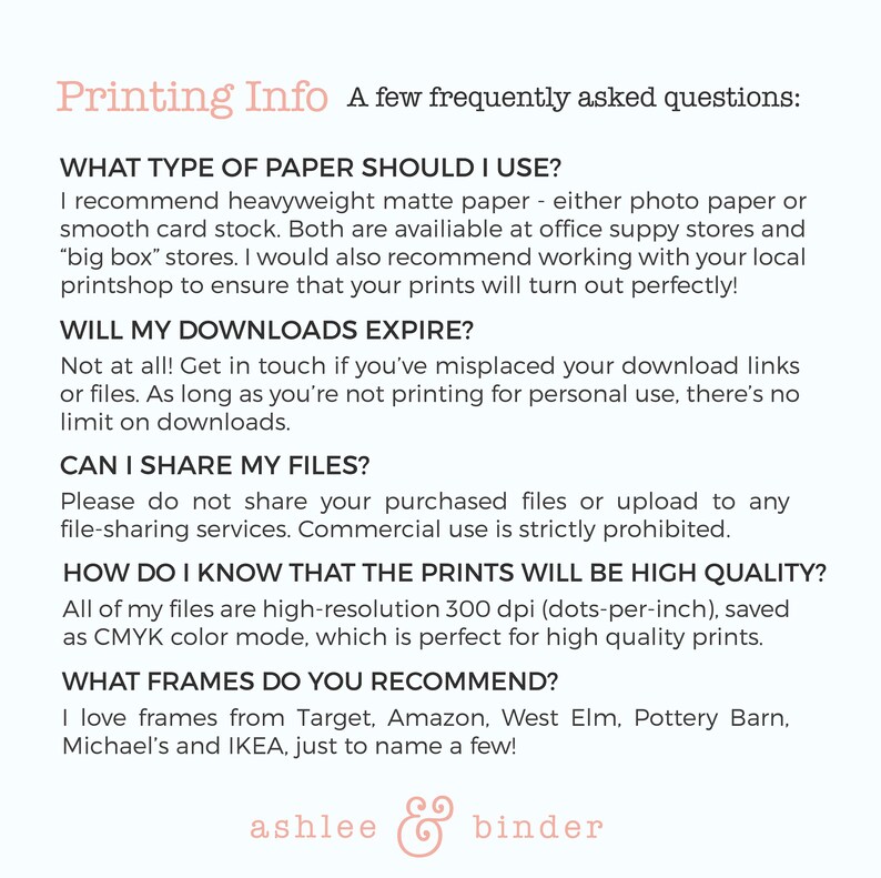 Puede incluir: Un fondo blanco con texto en rosa suave y negro. El texto incluye preguntas y respuestas sobre impresi&oacute;n, tipos de papel, uso compartido de archivos y recomendaciones de marcos. El logotipo de ashlee & binder est&aacute; en la parte inferior.