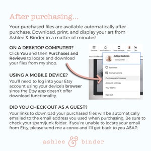 May include: A pink and white graphic with the text "After purchasing..." and instructions on how to download digital files from Etsy. The graphic includes a screenshot of the Etsy website showing the "Purchases and Reviews" section.