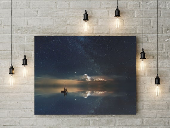 Dreamy landscape, Scandinavian art, boat photograph, Blue Clouds Coast, Nautical Picture Art Peaceful landscape, Whimsical Nursery Photo Art