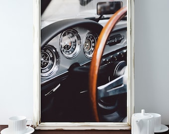 Volante de coche vintage, coche viejo, coche clásico, fotografía de coche, sepia, década de 1950, mediados de siglo, grunge, foto de coche, retro, arte retro, digital