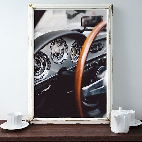 Vintage Car Steering Wheel, Old Car, Classic Car, Car Photography, Sepia, 1950's, mid-century, Grunge, Car photo, Retro, Retro Art, Digital