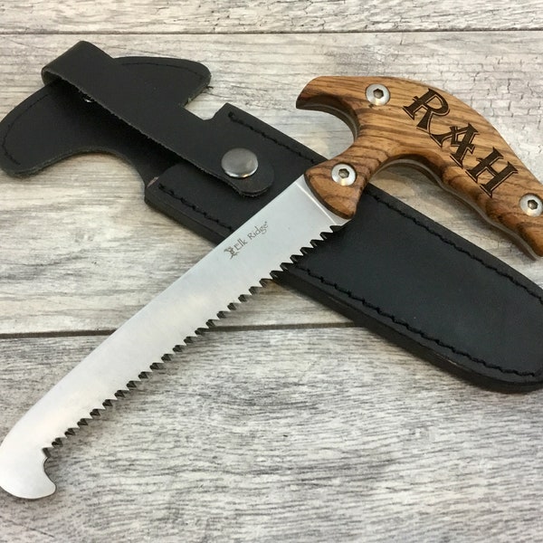 Engraved Mini Saw and Leather Sheath, Cool mens gift, Great Groomsman or Best Man present, Unique and Personalized Camping Gift for Men