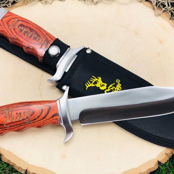 Engraved Bowie Hunting Knife and Sheath, Unique Personalized Present for Outdoor Men, Groomsmen Gift Idea, Hunting Knife, Happy Birthday Dad