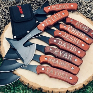 Set of 10 Groomsmen Gift Ideas, Engraved Mini Hatchet Axes and Sheaths, Cool mens gifts, Best Man present, Personalized for Outdoor Men