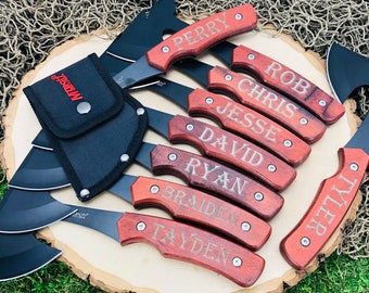 Set of 14 Groomsmen Gift Ideas, Engraved Mini Hatchet Axes and Sheaths, Cool mens gifts, Best Man present, Personalized for Outdoor Men