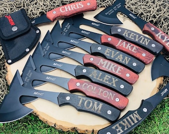 10 Laser Engraved Tomahawk Hatchets, Groomsman Gift Axes, Unique and Personalized, 2 Color Choices, Grooms Party Favor Thank You