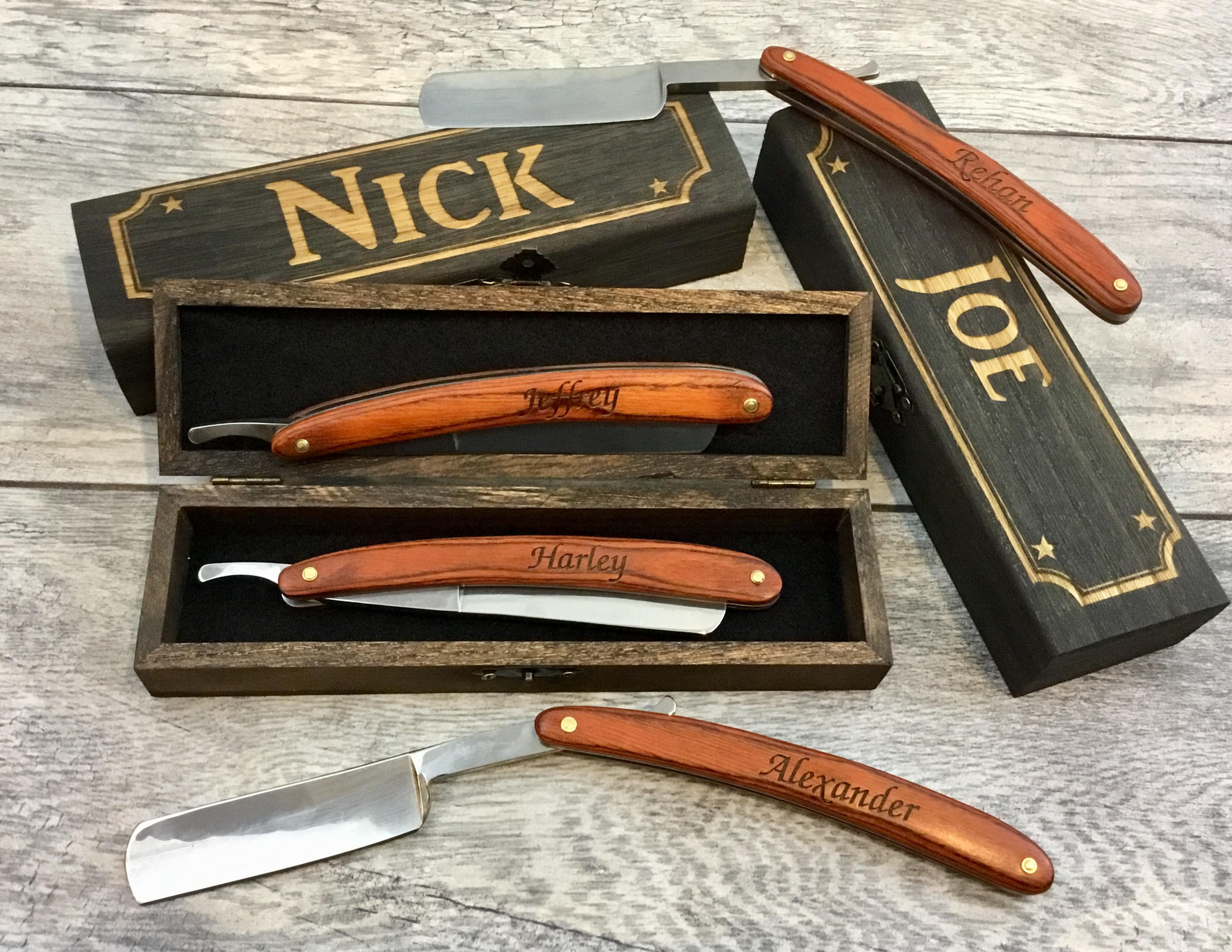 Set of 3 Engraved Straight Razors and Gift Boxes Great Etsy