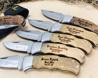 Fathers Day Gift Idea, Burlwood Handle Folding Knife with File Work and Nylon Pouch, Unique Personalized Present for Dad